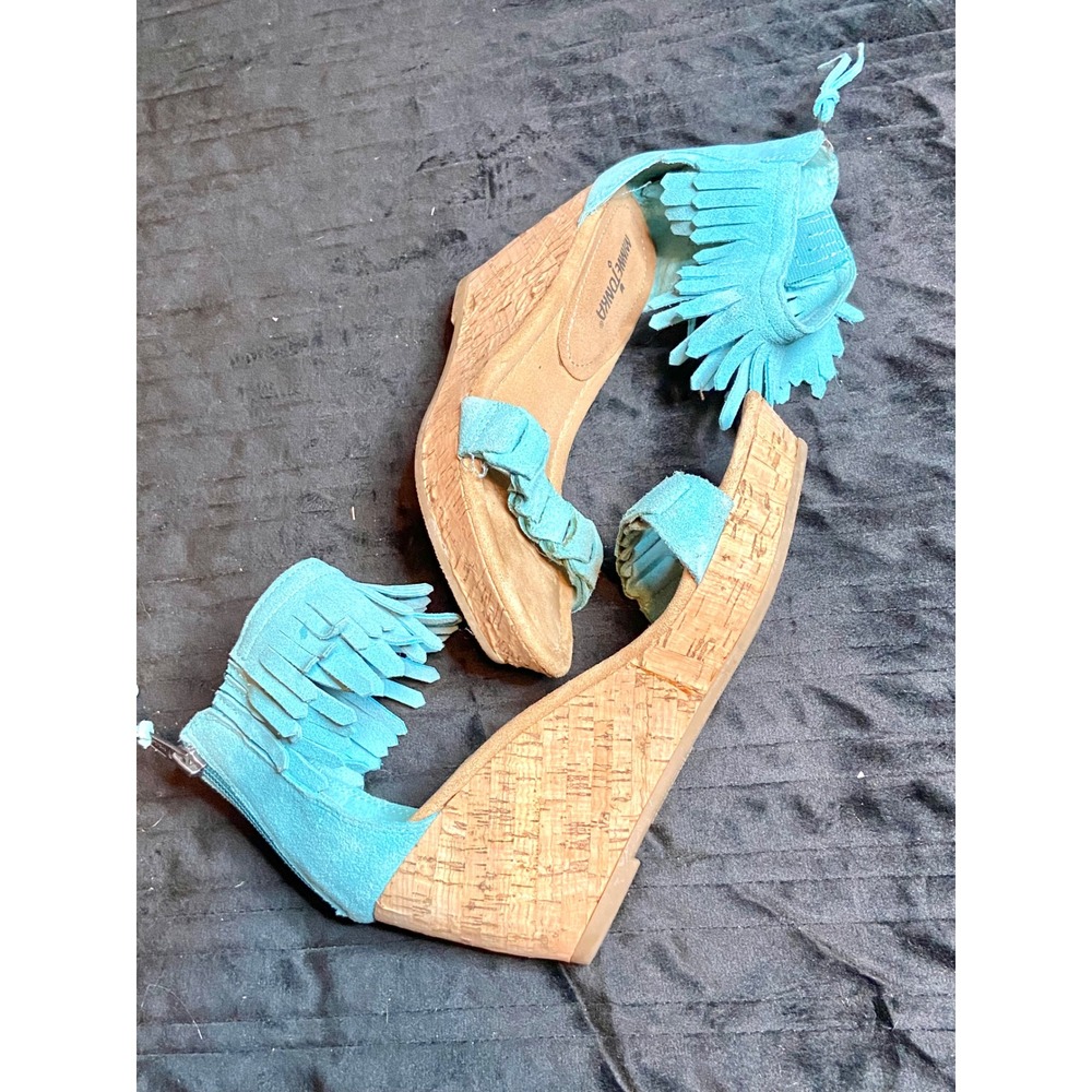 Minnetonka Aqua Blue Suede Fringe Boho Cork Wedge Sandals 71305 Sz 7 - Picture 2 of 6